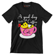 A good day starts with Coffee & Cat - Coffee Themed T-Shirt-Black-S-Custom One Express