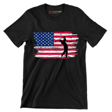 Golfer Swing Over American Flag - Golf Themed T-Shirt-Black-S-Custom One Express