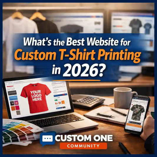 Custom One Community banner showing a laptop and phone designing custom t-shirts with the headline “What’s the Best Website for Custom T-Shirt Printing in 2026?” surrounded by apparel samples and workspace tools