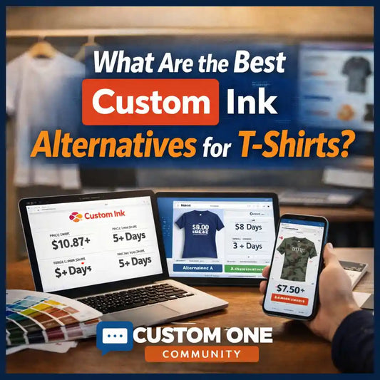 Custom One Community graphic comparing custom t-shirt printing options, highlighting “Custom Ink alternatives” with pricing, turnaround times, and multiple platform comparisons on laptop and mobile screens