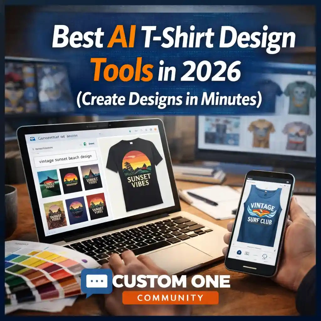 Custom One Community graphic showing AI-generated t-shirt designs on a laptop and phone with the headline “Best AI T-Shirt Design Tools in 2026 (Create Designs in Minutes)” and colorful design previews on screen