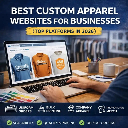 Custom One Community graphic showing a business owner reviewing custom branded apparel on a laptop with the headline “Best Custom Apparel Websites for Businesses (Top Platforms in 2026)” highlighting uniforms, bulk printing, and company