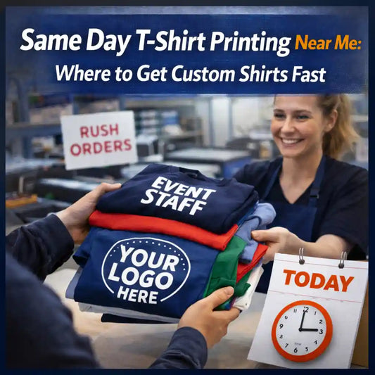 Custom One Community graphic showing a customer receiving freshly printed custom t-shirts from a shop employee with “Same Day T-Shirt Printing Near Me” headline, highlighting rush orders and same-day service availability