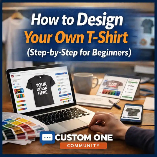 Custom One Community graphic showing a person designing a custom t-shirt on a laptop with the headline “How to Design Your Own T-Shirt (Step-by-Step for Beginners)” and design tools, color swatches, and apparel mockups on a workspace