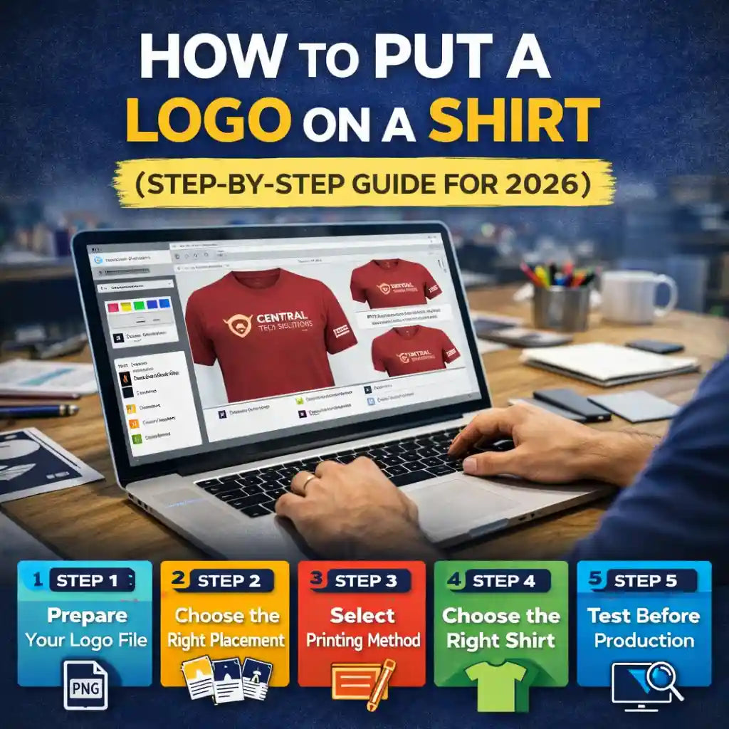 Custom One Community graphic showing a person placing a logo on a t-shirt design using a laptop with placement options and step-by-step process icons for logo printing