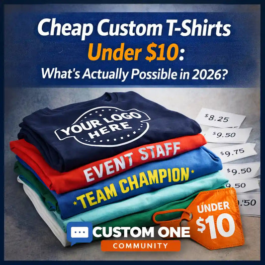 Custom One Community graphic showing a stack of colorful custom t-shirts with printed designs and price tags, highlighting “Cheap Custom T-Shirts Under $10” with bulk pricing examples and promotional messaging