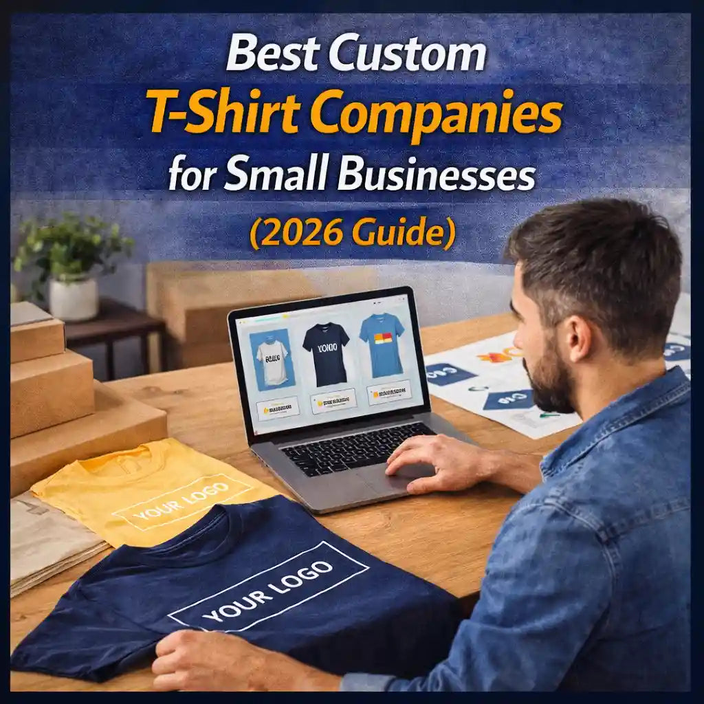 Small business owner selecting custom t-shirt designs on a laptop with sample printed shirts on a table, highlighting “Best Custom T-Shirt Companies for Small Businesses (2026 Guide)