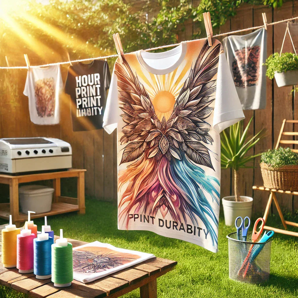 Freshly printed custom t-shirt hanging on a clothesline under natural sunlight, showcasing vibrant print quality and proper garment care.