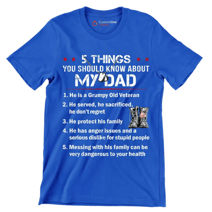 5 Things You Should Know About My Dad 1. He Is A Grumpy Old Veteran 2. He Served, He Sacrificed, He Dont Regret 3. He Protect His Family 4. He Has Anger Issues And A Serious D - Veterans Themed T-Shirt-Blue-S-Custom One Express