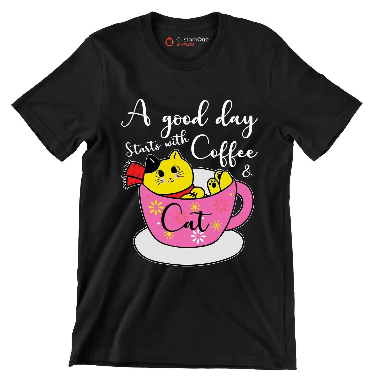 A good day starts with Coffee & Cat - Coffee Themed T-Shirt-Black-S-Custom One Express