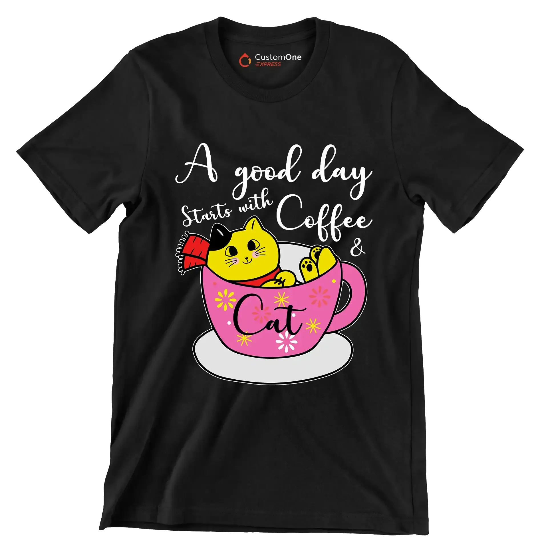 A good day starts with Coffee & Cat - Coffee Themed T-Shirt-Black-S-Custom One Express