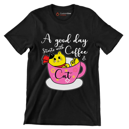 A good day starts with Coffee & Cat - Coffee Themed T-Shirt-Black-S-Custom One Express