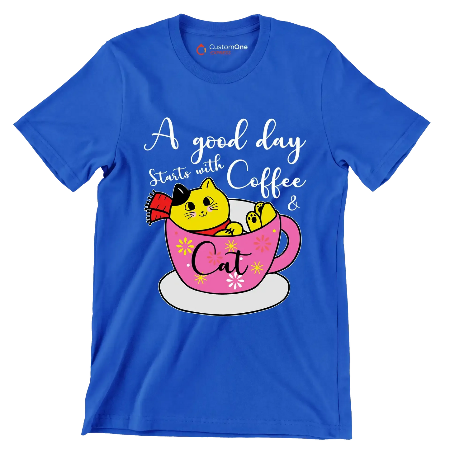 A good day starts with Coffee & Cat - Coffee Themed T-Shirt-Blue-S-Custom One Express