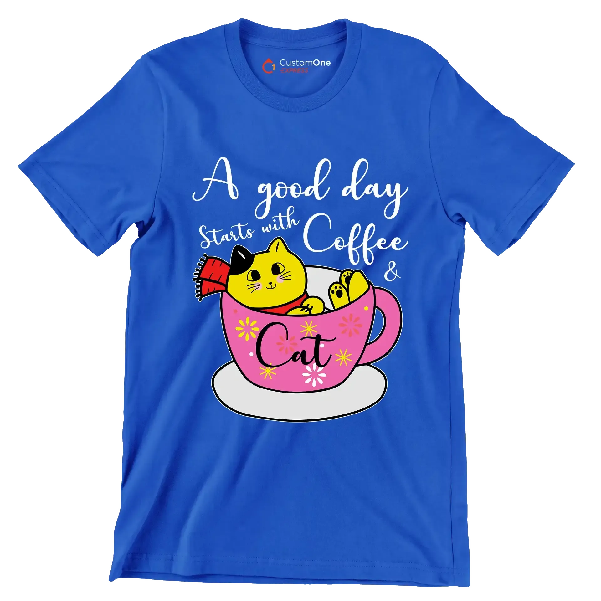A good day starts with Coffee & Cat - Coffee Themed T-Shirt-Blue-S-Custom One Express