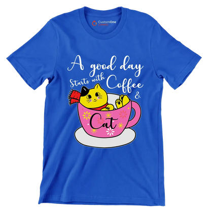 A good day starts with Coffee & Cat - Coffee Themed T-Shirt-Blue-S-Custom One Express