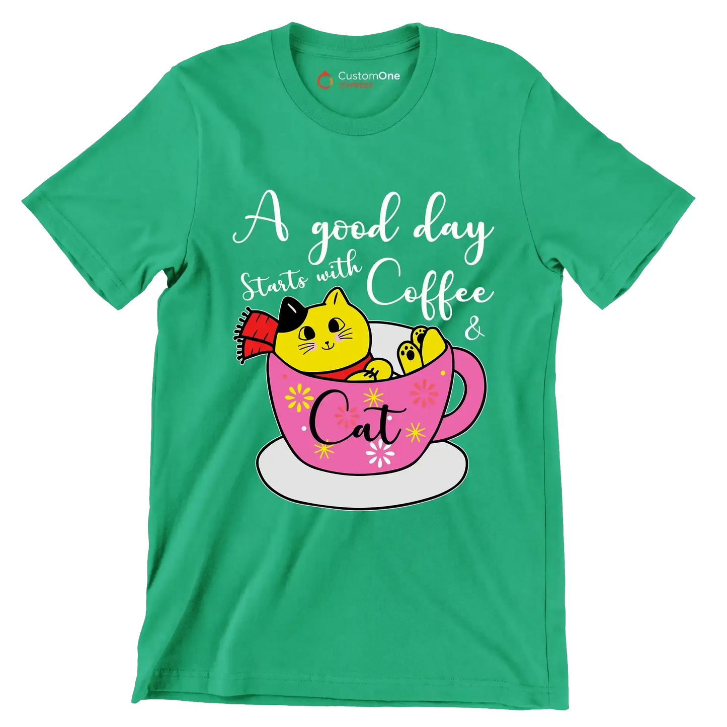 A good day starts with Coffee & Cat - Coffee Themed T-Shirt-Green-S-Custom One Express