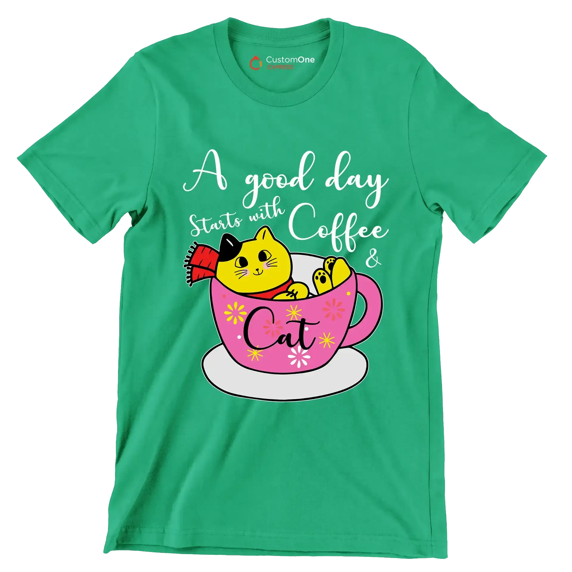 A good day starts with Coffee & Cat - Coffee Themed T-Shirt-Green-S-Custom One Express