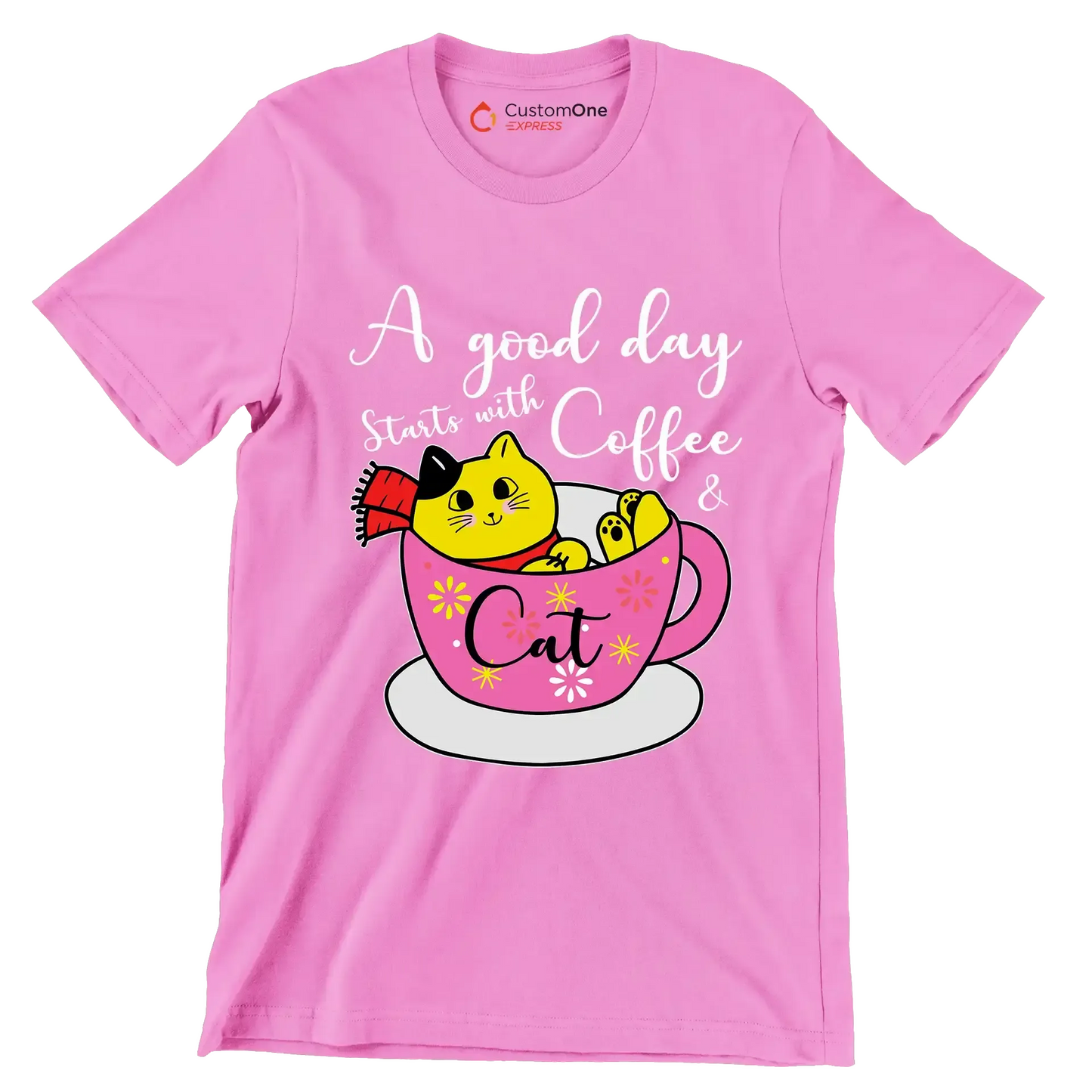A good day starts with Coffee & Cat - Coffee Themed T-Shirt-Pink-S-Custom One Express