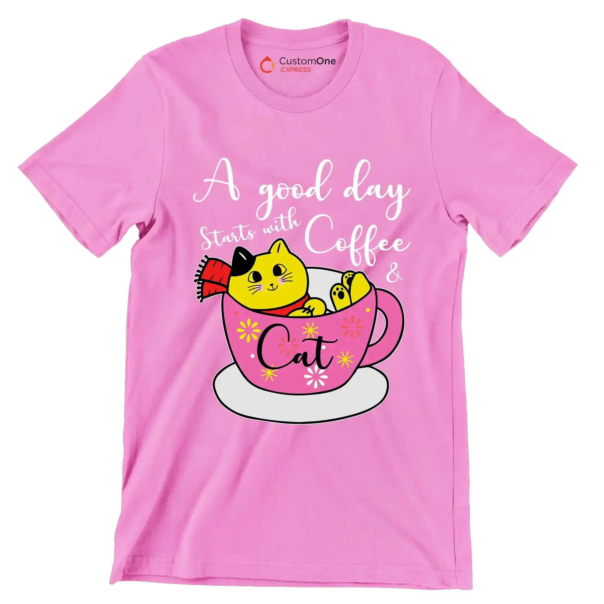 A good day starts with Coffee & Cat - Coffee Themed T-Shirt-Pink-S-Custom One Express