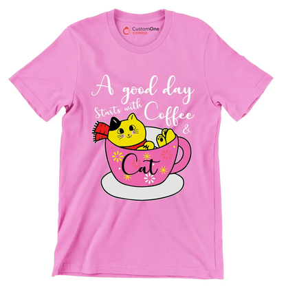A good day starts with Coffee & Cat - Coffee Themed T-Shirt-Pink-S-Custom One Express