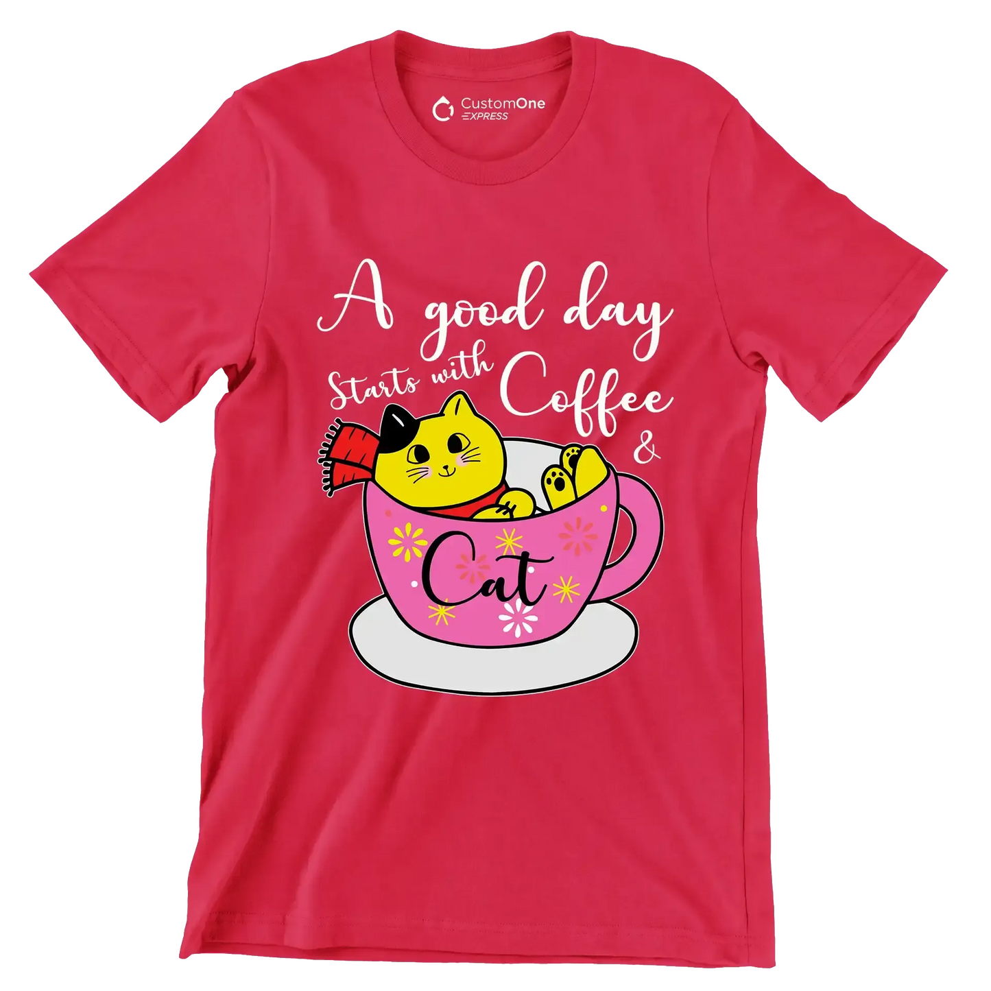 A good day starts with Coffee & Cat - Coffee Themed T-Shirt-Red-S-Custom One Express