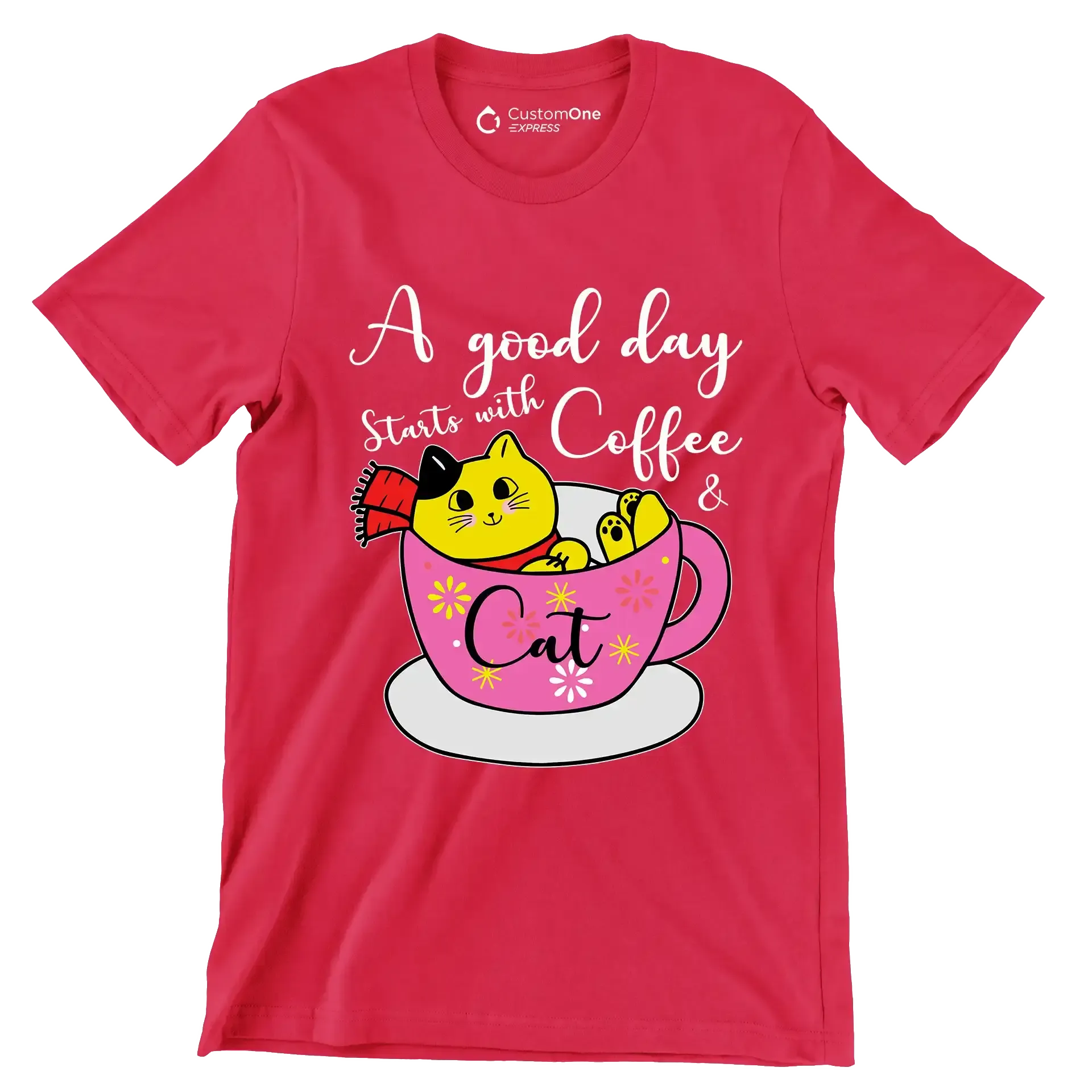A good day starts with Coffee & Cat - Coffee Themed T-Shirt-Red-S-Custom One Express