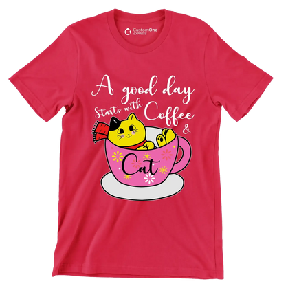 A good day starts with Coffee & Cat - Coffee Themed T-Shirt-Red-S-Custom One Express