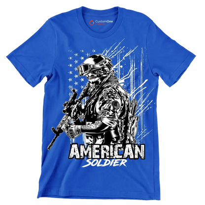AMERICAN SOLDIER ILLUSTRATION - Veterans Themed T-Shirt-Blue-S-Custom One Express