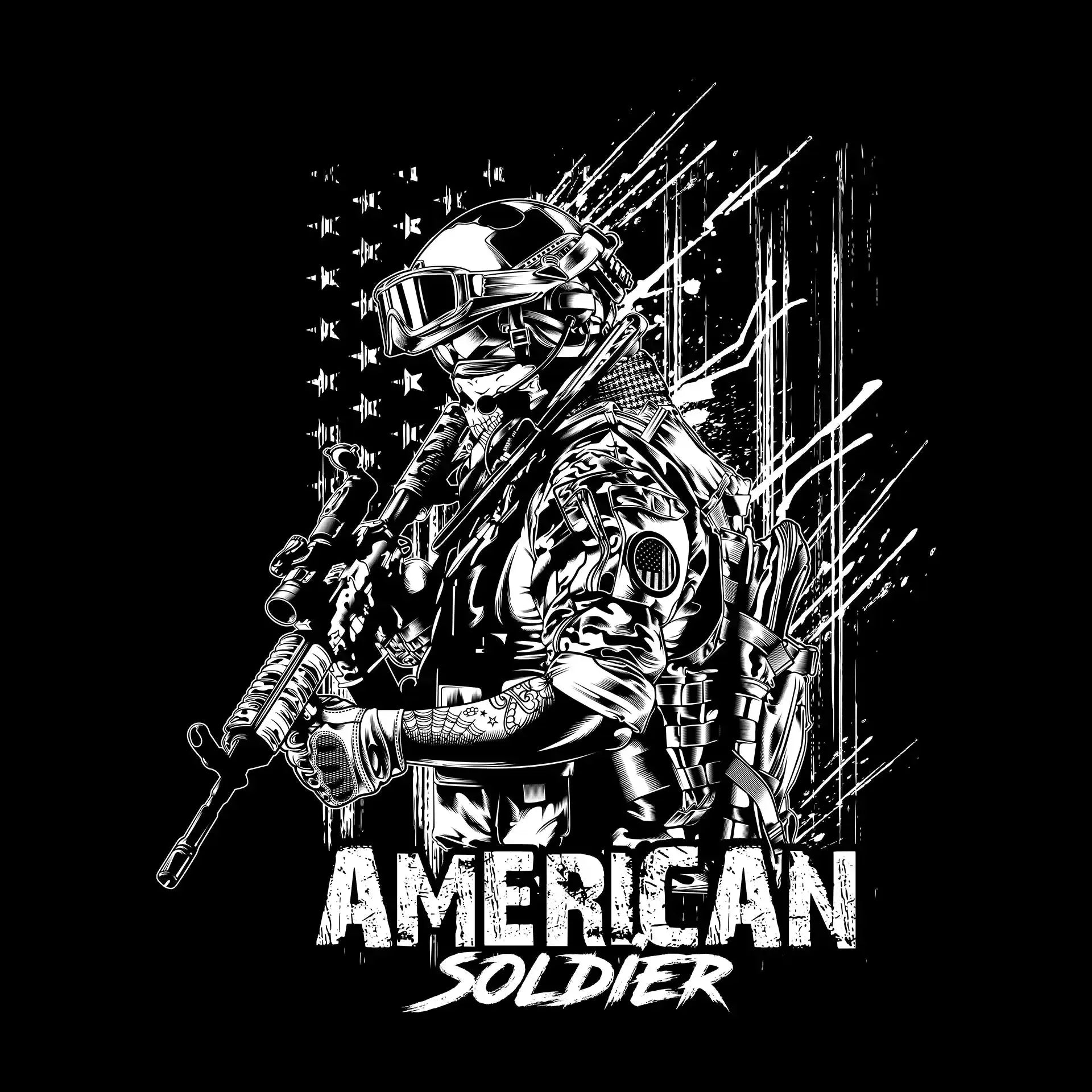 AMERICAN SOLDIER ILLUSTRATION - Veterans Themed T-Shirt-Black-S-Custom One Express
