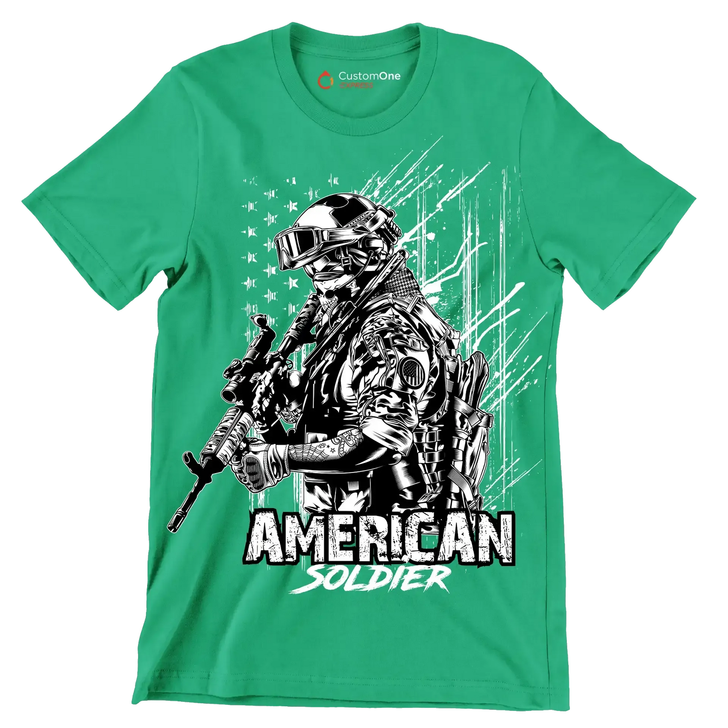 AMERICAN SOLDIER ILLUSTRATION - Veterans Themed T-Shirt-Green-S-Custom One Express