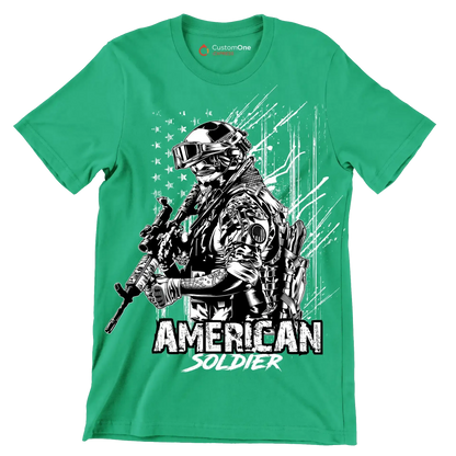 AMERICAN SOLDIER ILLUSTRATION - Veterans Themed T-Shirt-Green-S-Custom One Express