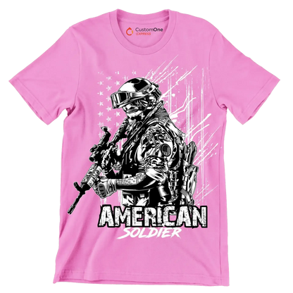 AMERICAN SOLDIER ILLUSTRATION - Veterans Themed T-Shirt-Pink-S-Custom One Express