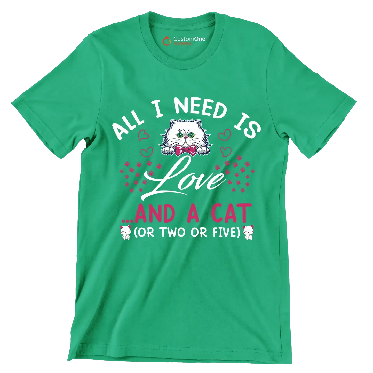 All I need is love ...and a cat (or two or five) - Cat Themed T-Shirt-Green-S-Custom One Express