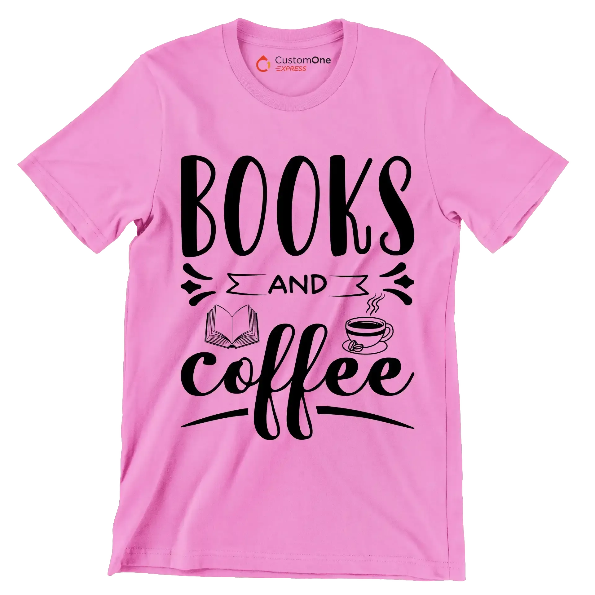 BOOKS AND coffee - Coffee Themed T-Shirt-Pink-S-Custom One Express
