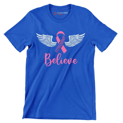 Believe - Breast Cancer Awareness T-Shirt-Blue-S-Custom One Express