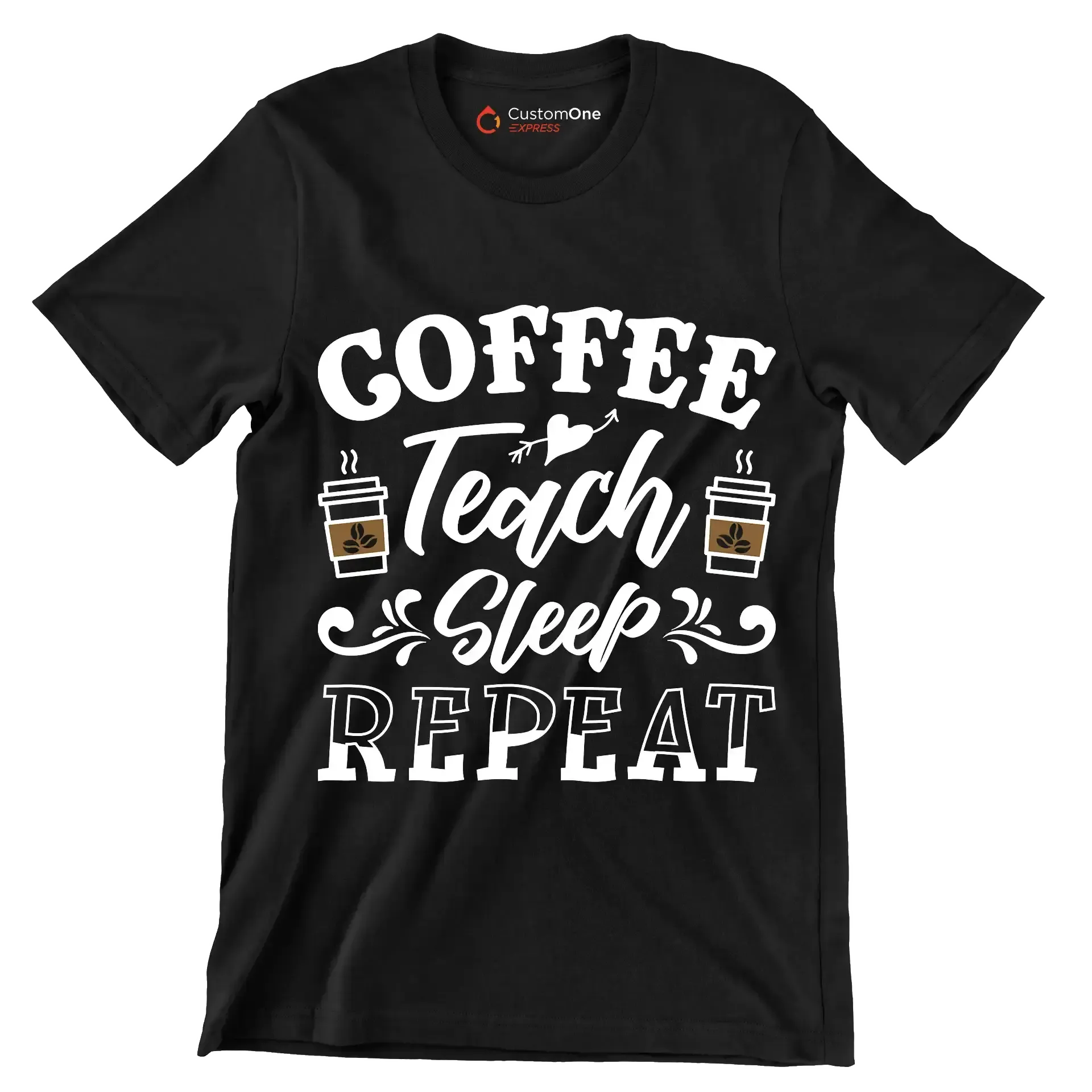 COFFEE Teach Sleep REPEAT - Coffee Themed T-Shirt-Black-S-Custom One Express