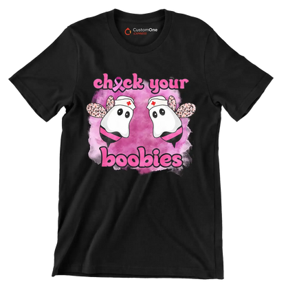 Check your Boobies - Breast Cancer Awareness T-Shirt-Black-S-Custom One Express