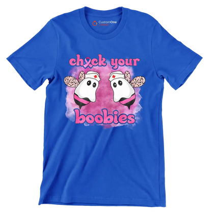Check your Boobies - Breast Cancer Awareness T-Shirt-Blue-S-Custom One Express