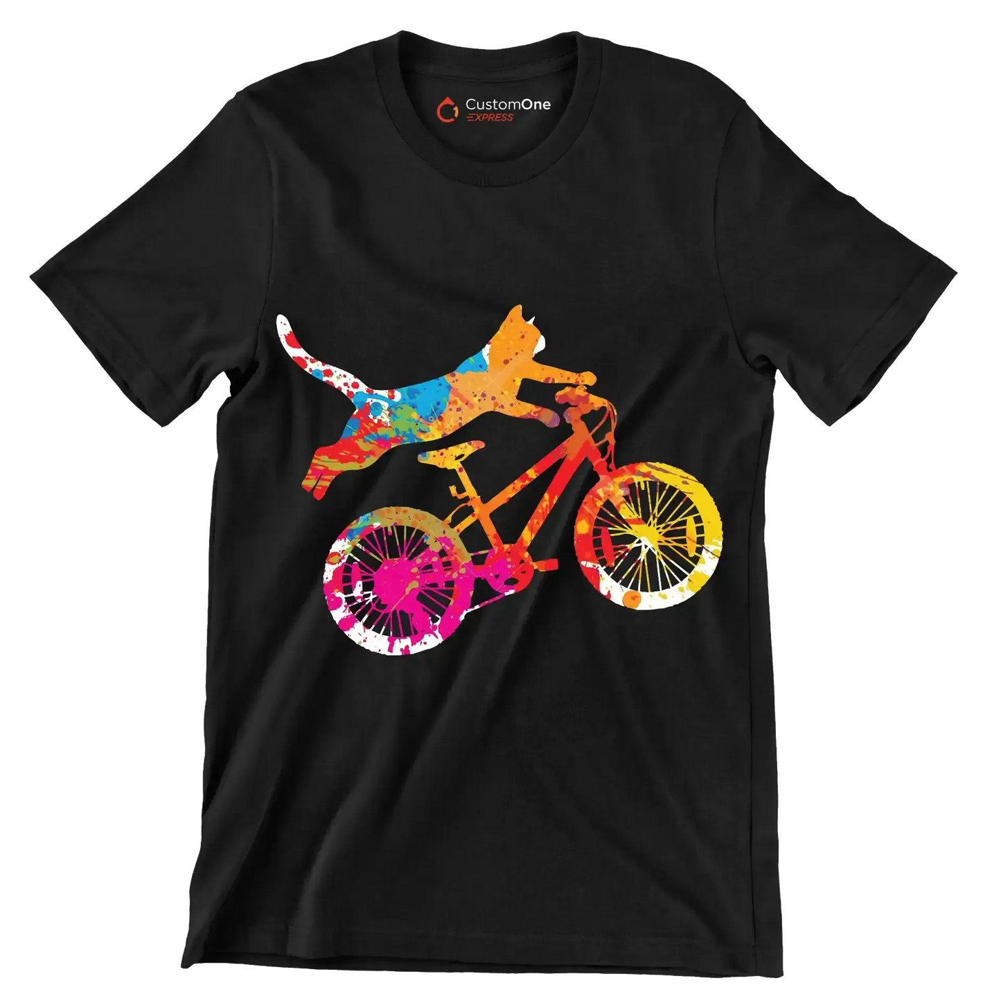 Colorful Cat Cyclist T-Shirt – Quirky and Fun for Animal Lovers - Bicycle Themed T-Shirt-Black-S-Custom One Express