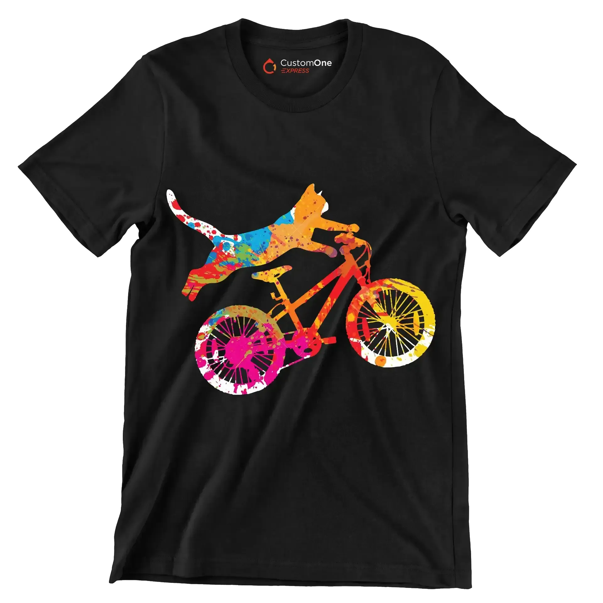 Colorful Cat Cyclist T-Shirt – Quirky and Fun for Animal Lovers - Bicycle Themed T-Shirt-Black-S-Custom One Express