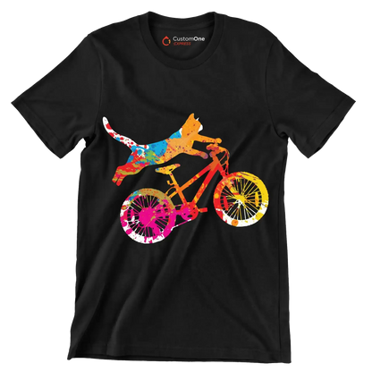 Colorful Cat Cyclist T-Shirt – Quirky and Fun for Animal Lovers - Bicycle Themed T-Shirt-Black-S-Custom One Express