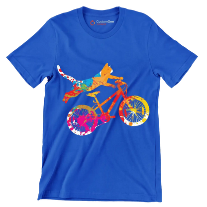 Colorful Cat Cyclist T-Shirt – Quirky and Fun for Animal Lovers - Bicycle Themed T-Shirt-Blue-S-Custom One Express