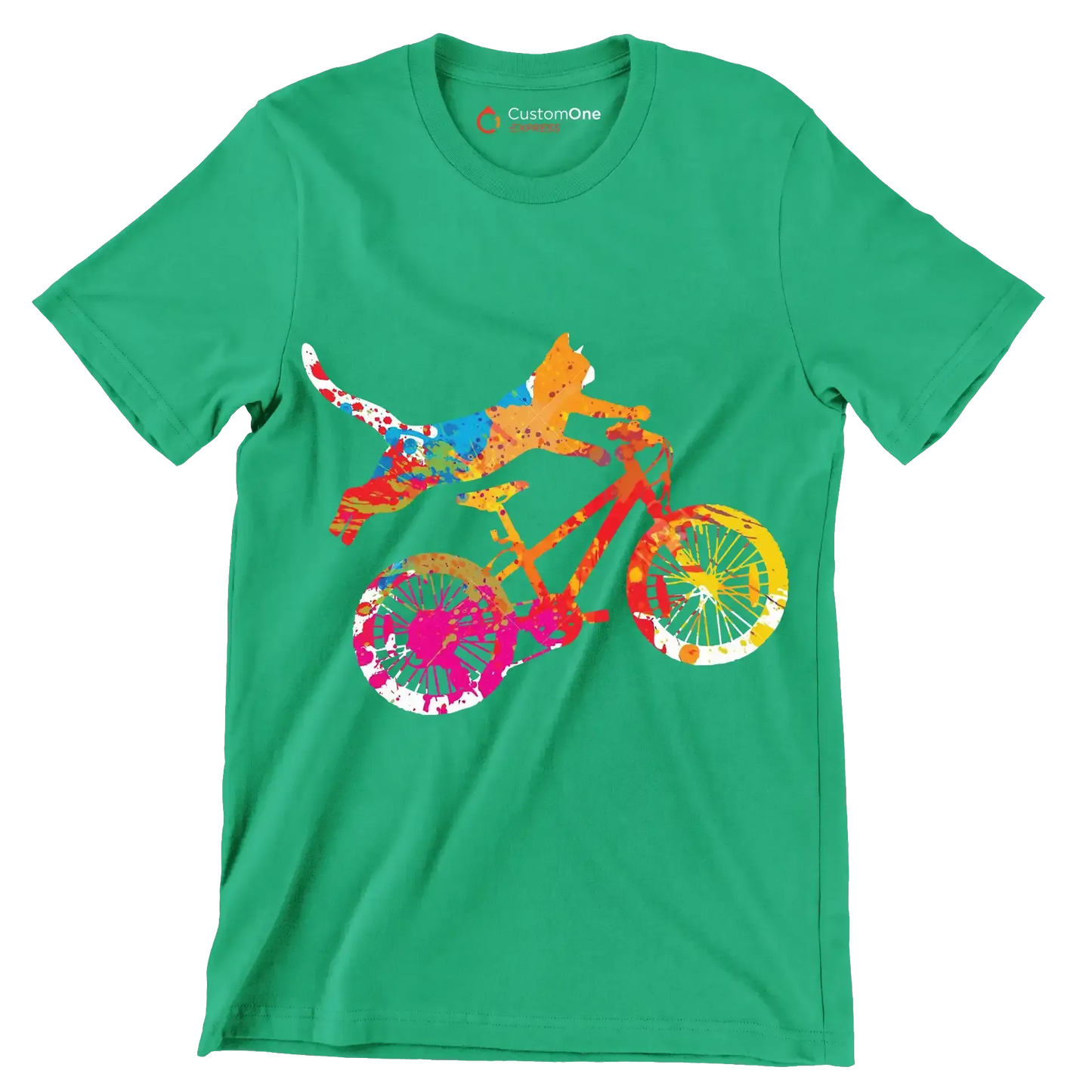 Colorful Cat Cyclist T-Shirt – Quirky and Fun for Animal Lovers - Bicycle Themed T-Shirt-Green-S-Custom One Express