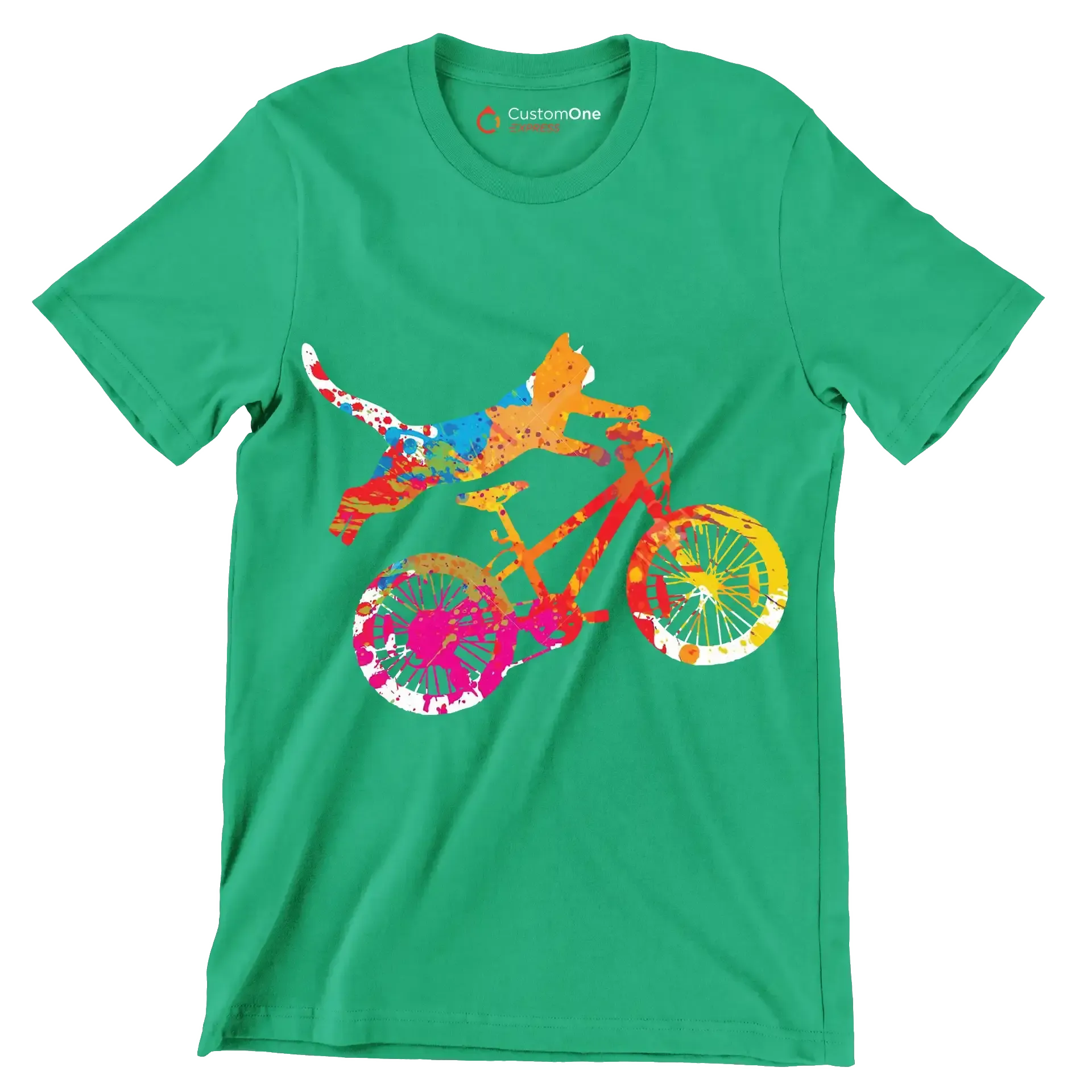 Colorful Cat Cyclist T-Shirt – Quirky and Fun for Animal Lovers - Bicycle Themed T-Shirt-Green-S-Custom One Express