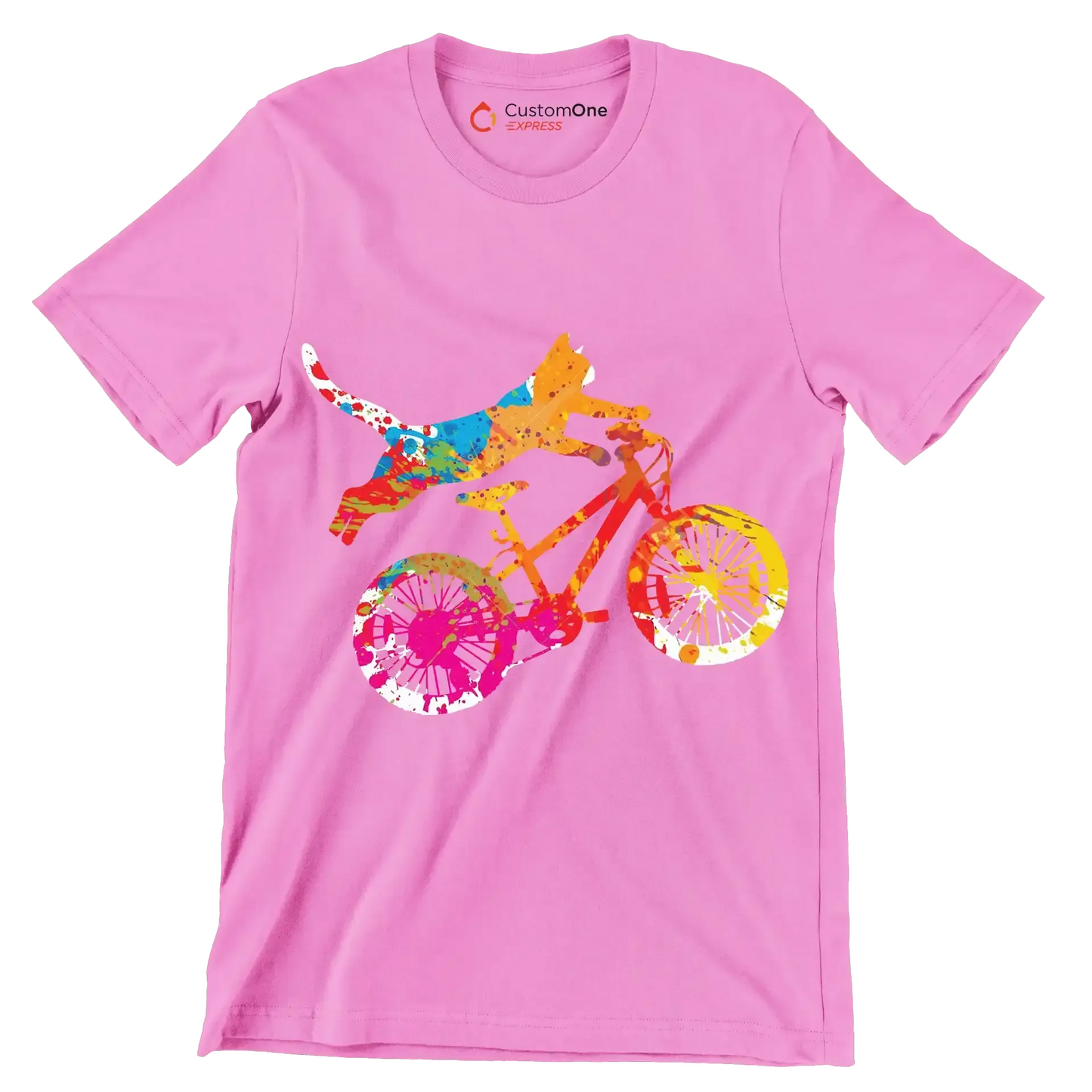 Colorful Cat Cyclist T-Shirt – Quirky and Fun for Animal Lovers - Bicycle Themed T-Shirt-Pink-S-Custom One Express