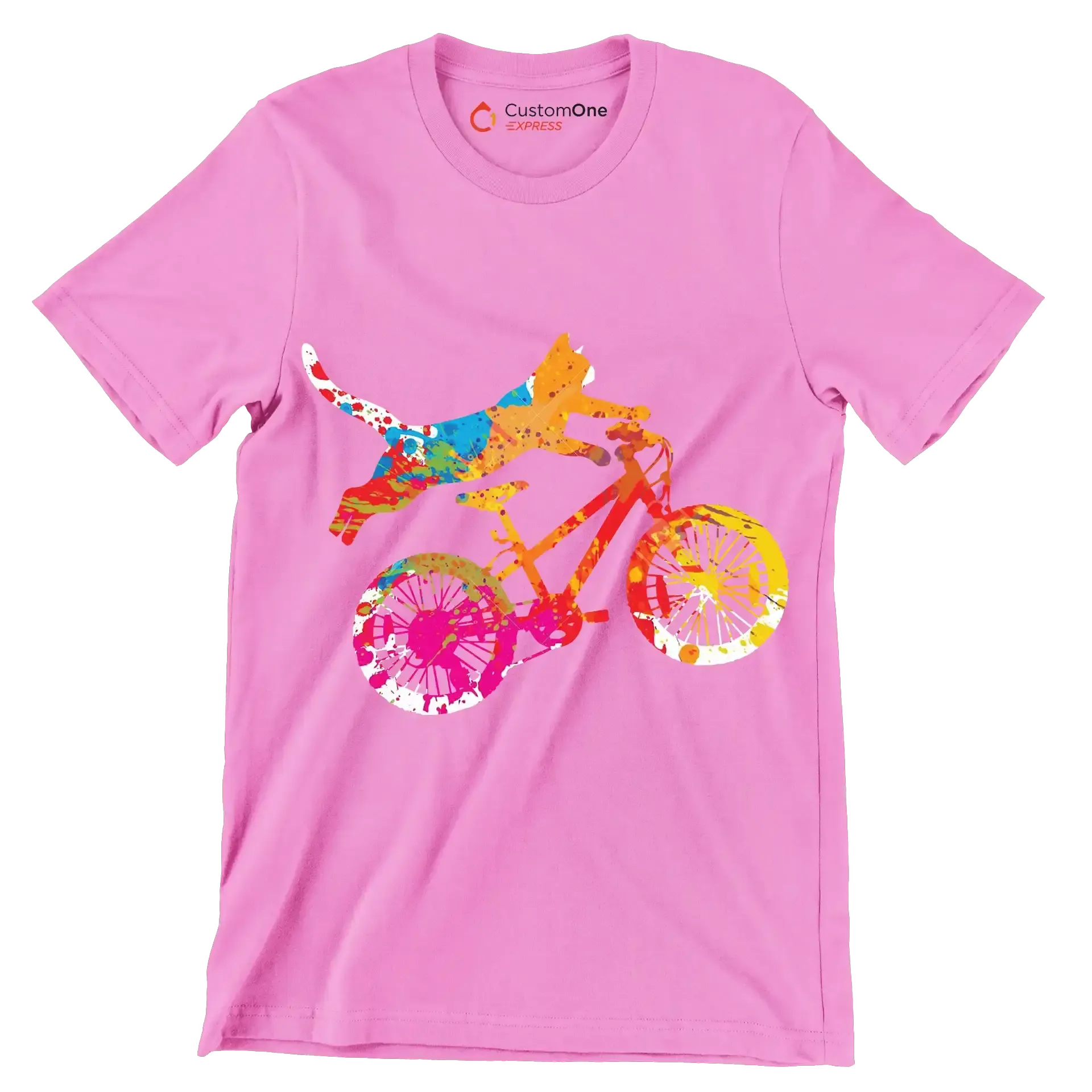 Colorful Cat Cyclist T-Shirt – Quirky and Fun for Animal Lovers - Bicycle Themed T-Shirt-Pink-S-Custom One Express