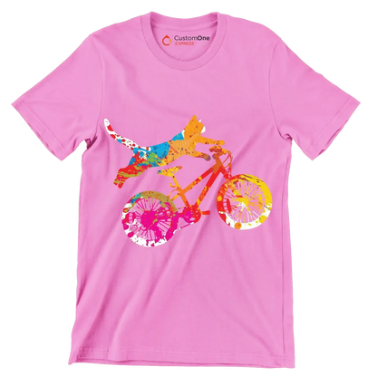 Colorful Cat Cyclist T-Shirt – Quirky and Fun for Animal Lovers - Bicycle Themed T-Shirt-Pink-S-Custom One Express