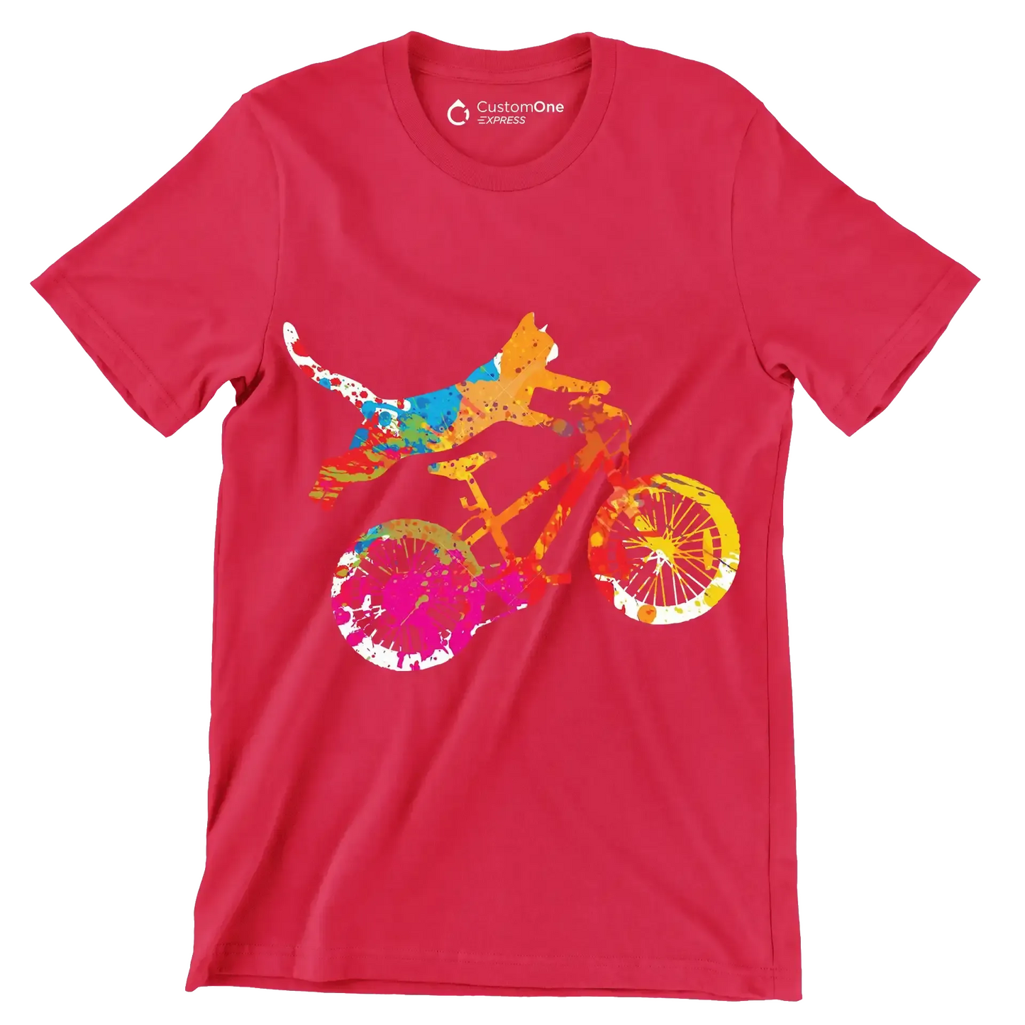 Colorful Cat Cyclist T-Shirt – Quirky and Fun for Animal Lovers - Bicycle Themed T-Shirt-Red-S-Custom One Express