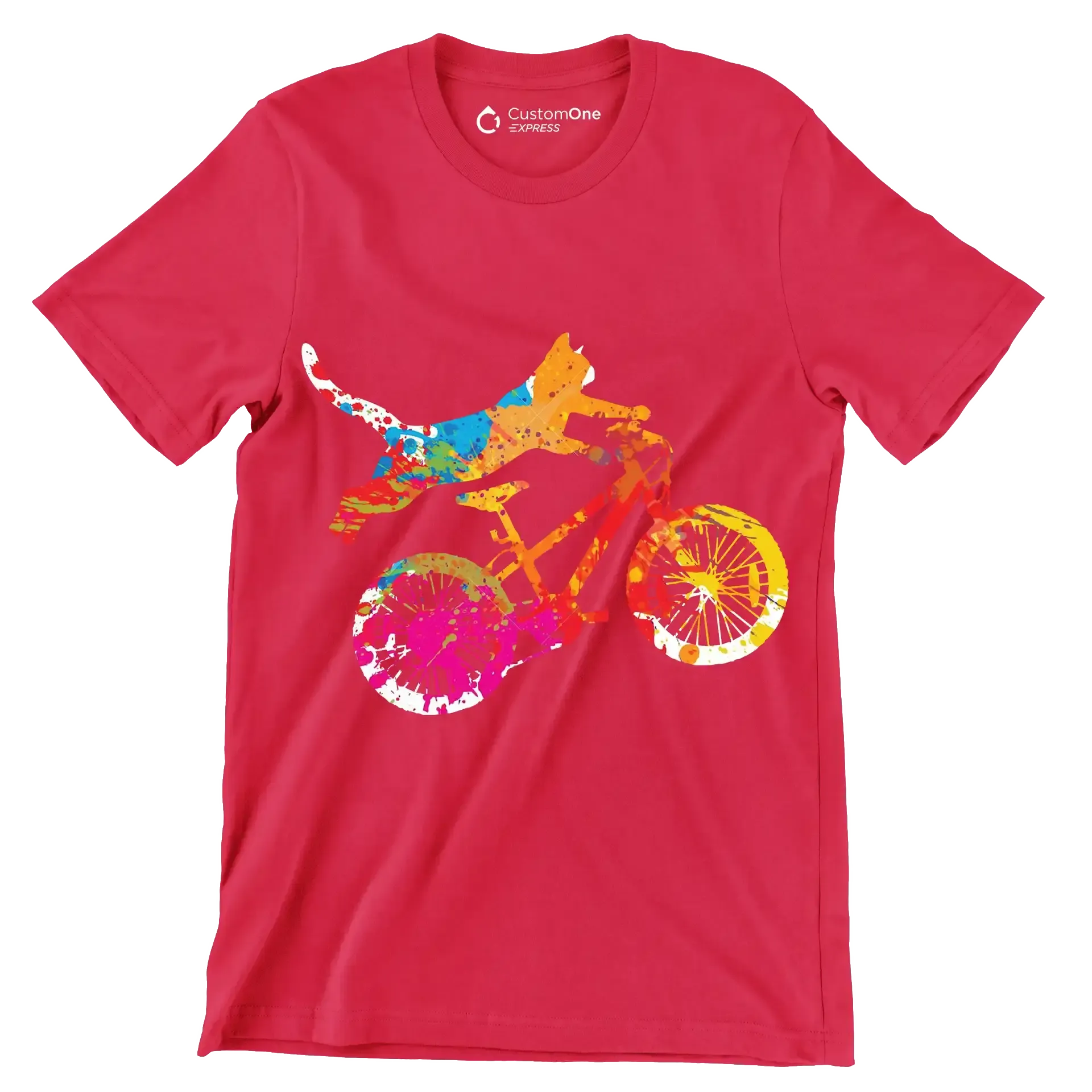 Colorful Cat Cyclist T-Shirt – Quirky and Fun for Animal Lovers - Bicycle Themed T-Shirt-Red-S-Custom One Express