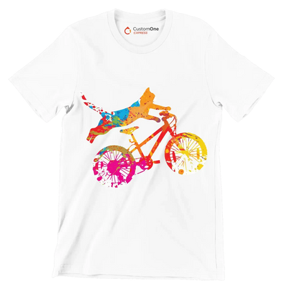 Colorful Cat Cyclist T-Shirt – Quirky and Fun for Animal Lovers - Bicycle Themed T-Shirt-White-S-Custom One Express